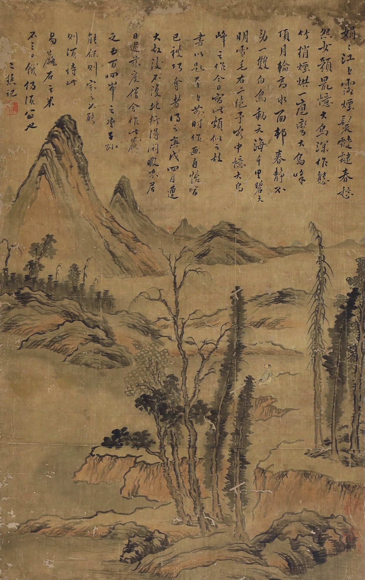 A Chinese scroll painting on silk of a sage in a mountainous river landscape, 18th/19th century, image 69.5cm x 44cm